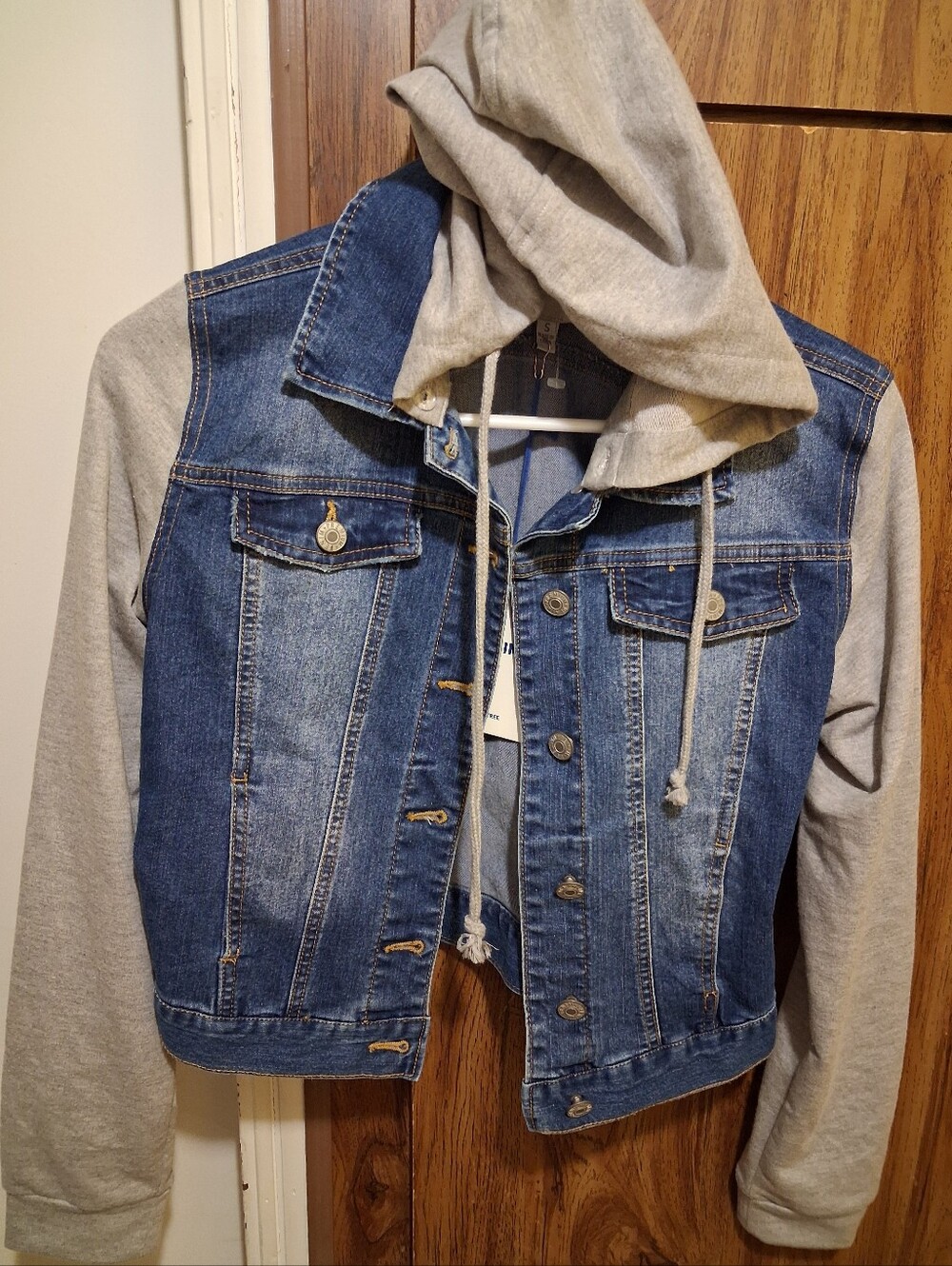 S Kid Denim Jacket with Gray Hoodie Sleeves